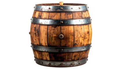 Wooden barrel with metal hoops, against a plain dark backdrop