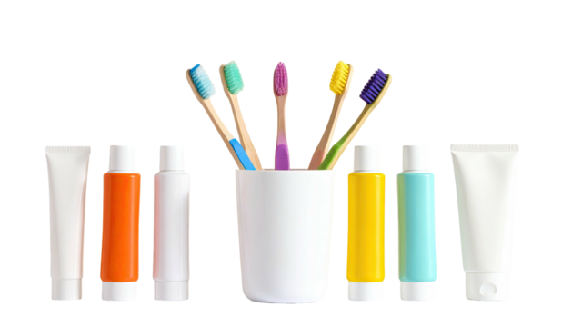 Toothbrushes in a holder with colorful tubes on a black background