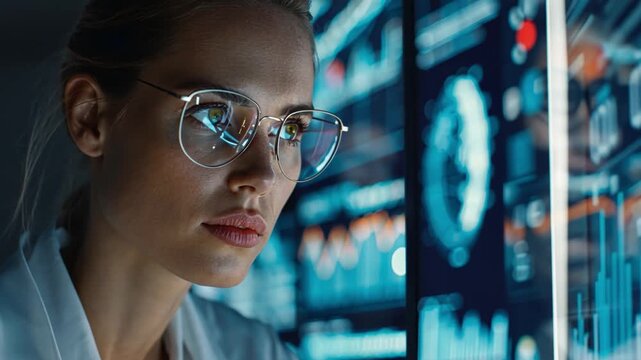 Introspective Scientist: A focused scientist, her glasses reflecting the intricate data displayed on a monitor, delves deep into the world of discovery.