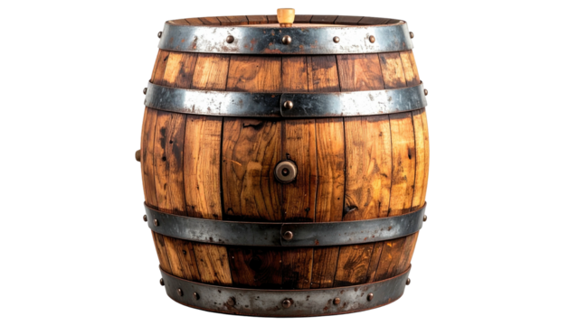 Wooden barrel with metal hoops, against a plain dark backdrop