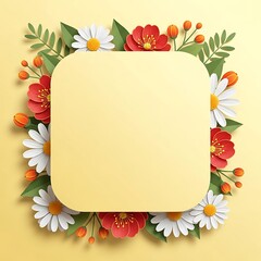 Paper Cut Style Floral Frame with Daisy and Red Flower Ornament