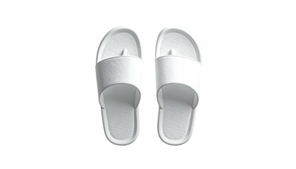 Two white flip-flops, seen from above, on a black backdrop