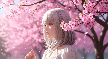 Dreamy Anime Style Girl with Cherry Blossom Season in Background