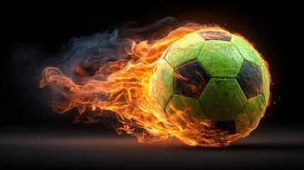 Naklejka premium Flaming Green Soccer Ball in Motion Against Dark Background
