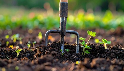 A close-up shot of a gardening fork and seedlings in rich, dark soil on a sunny day