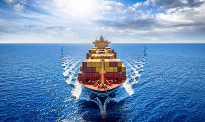 Aerial front view of a large container cargo carrier ship traveling with speed over the ocean as a industrial transport concept