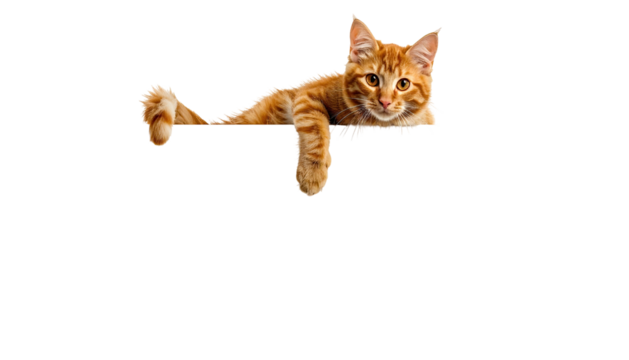 Ginger cat paws over edge, gazing forward