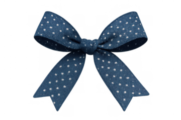 Blue ribbon bow with white polka dots, isolated on a transparent background, decorating presents, packaging, and events