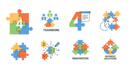 Illustrative icons demonstrating business concepts such as solutions, teamwork, innovation and