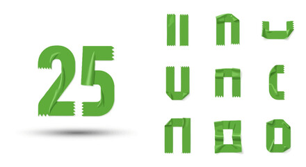 Creative green masking tape alphabet and number 25 isolated on white background artistic concept