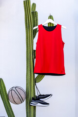 Vibrant Red Basketball Jersey and Stylish Sneakers Artfully Displayed with Basketball