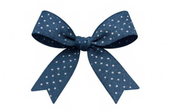 Blue ribbon bow with white polka dots, isolated on a transparent background, decorating presents, packaging, and events