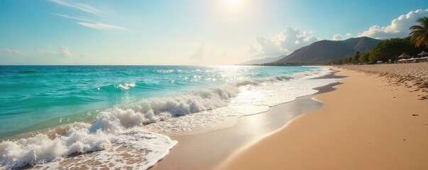 Obraz premium A tranquil scene of a sun-drenched beach with gentle waves lapping the shore, perfect for relaxation and unwinding during personal time , getaway, nature