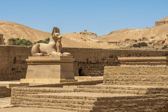 Ancient Sphinx Statue on Pedestal at the Ramesseum Temple Complex