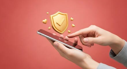 3D Rendering Security Shield Checkmark on Mobile Phone with Hearts Element Concept