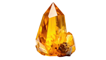 Glossy golden crystal, pointed spire, jagged base, black background