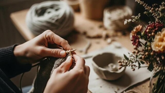 Woman's Hands Knitting with Needles, Crafting Cozy Textile with Yarn, Relaxing Hobby, Handmade Project, Creative Occupation, Home Decor, Knitted Fabric, Soft Texture, Warm Colors, Art and Design