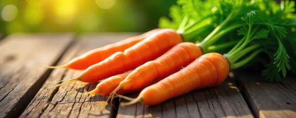 A vibrant bunch of fresh carrots rests on a rustic wooden surface, bathed in the warm glow of Sunday morning sunlight  Perfect for healthy eating and spring recipes ,  background,  organic