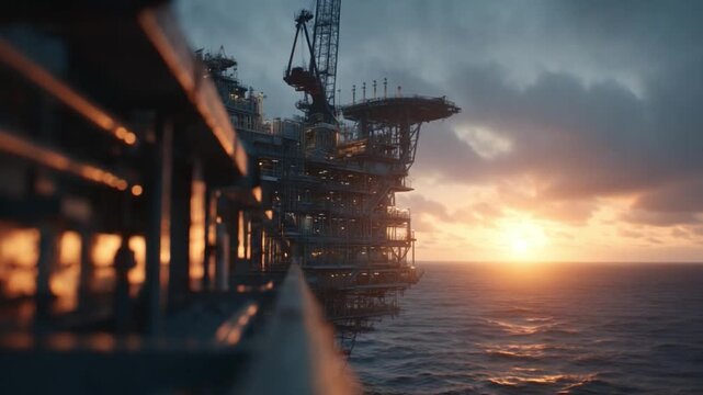 Offshore Drilling at Sunset: An industrial seascape captures the silhouette of an offshore oil platform against a fiery sunset, an ode to human enterprise against nature's backdrop.