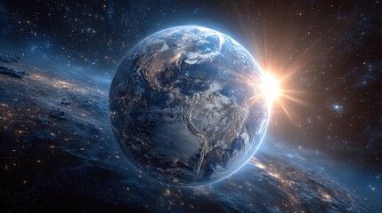 Fototapeta premium Stunning View of Earth from Space with Bright Sunlight at Horizon