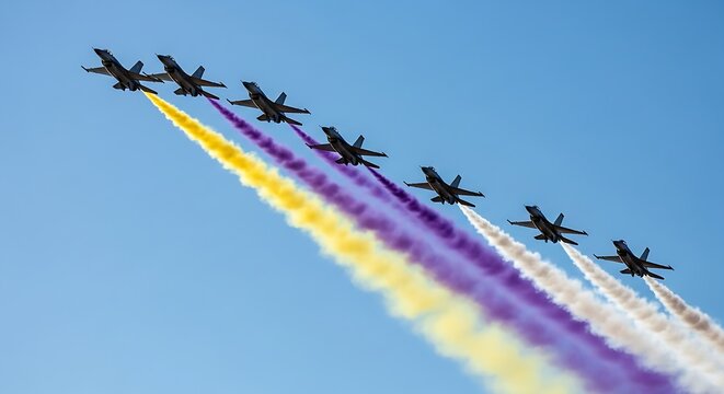 A squadron of fighter jets flying in formation leaving colored smoke trails - Powered by Adobe