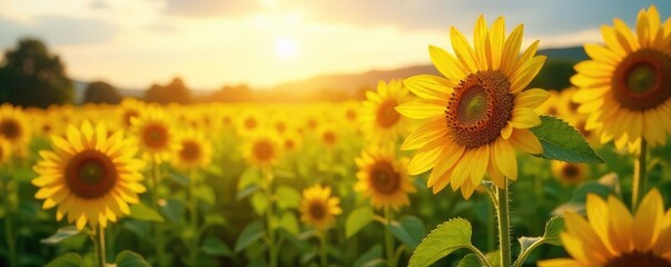 Obraz premium A vibrant field of sunflowers basks in the golden sunlight, a tranquil pastoral scene with buzzing bees and gentle breeze Perfect for summer, nature, and agriculture themes , beauty, farm, tranquil