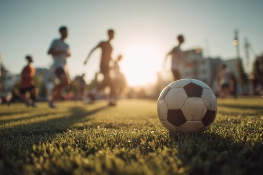 Diverse soccer players dribbling and passing a ball on a green field during sunset practice session