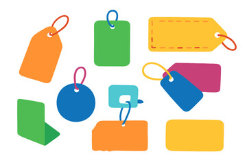 Colorful sales tags flat icon set. featuring tags, labels, shapes, and shopping symbols