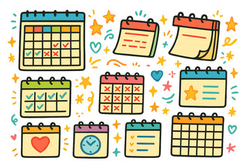Calendar events linear icon set. featuring planner, schedule, checklist, reminders, deadline, task, and star symbols
