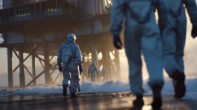 Workers Offshore: Silhouette of workers in protective suits walking on a beach towards an offshore platform at dawn. Capturing the essence of industry, resilience.