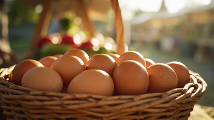 Close up of a wicker basket overflowing with farm fresh brown chicken eggs at a busy outdoor farmers market, colorful produce and shoppers blurred in the sunlit background