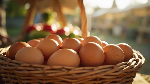 Close up of a wicker basket overflowing with farm fresh brown chicken eggs at a busy outdoor farmers market, colorful produce and shoppers blurred in the sunlit background - Powered by Adobe