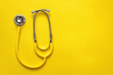 Yellow stethoscope on a bright light background viewed from above showcasing medical equipment
