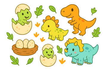 Fototapeta premium Dinosaur flat icon set. featuring hatching egg, dinosaur nest, leaves, and baby dinosaurs.
