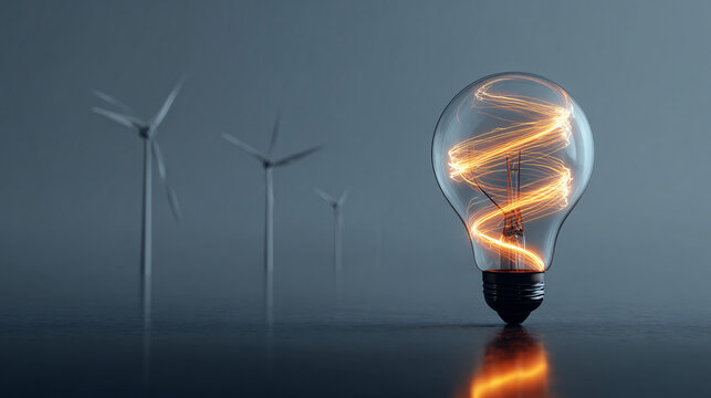 Light bulb with glowing filament and wind turbines representing green energy innovation