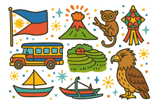 Philippines culture flat icon set. featuring flag, volcano, tarsier, parol, jeepney, rice terraces, boat, eagle