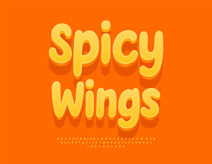 Vector Gourmet emblem Spicy Wings. Creative Yellow 3D Font. Groovy Rounded Alphabet Letters and Numbers set.