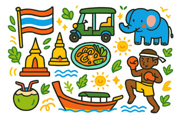 Fototapeta premium Thailand culture flat icons set. featuring flag, tuk tuk, elephant, temple, curry, muay thai, boat, coconut
