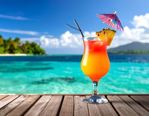 A vibrant tropical cocktail with a parasol and pineapple garnish