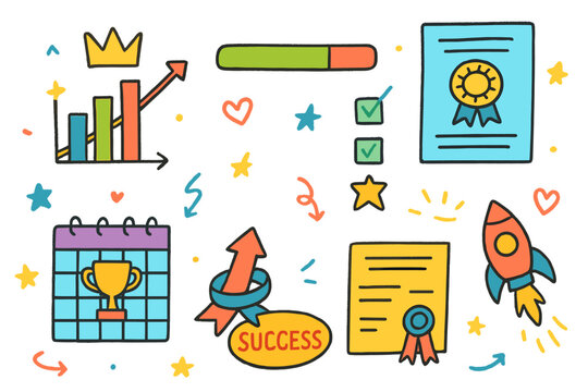 Achievement flat icon set. includes success, trophy, award, goal, certificate, progress, and rocket symbols