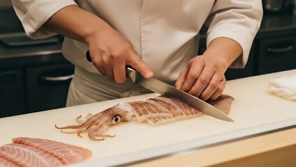 Chef slicing fresh squid for sushi preparation in a professional kitchen setting