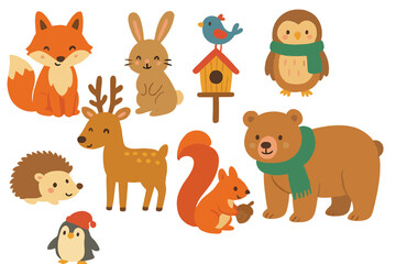 Naklejka premium Animal silhouette icon set. featuring fox, rabbit, bird, owl, hedgehog, deer, squirrel, penguin, bear