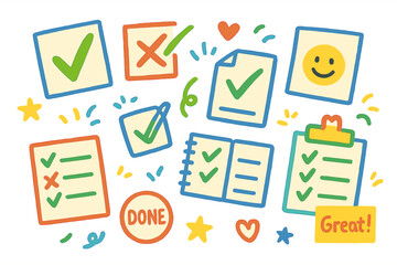 Productivity and task management flat icons set. featuring checklist, notepad, checkmark, task, and paper symbols