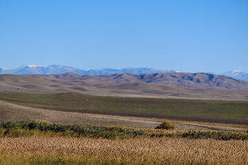Obraz premium A wide-open countryside scene with gentle brown hills, patchwork fields and distant snow-capped peaks under a bright blue sky.