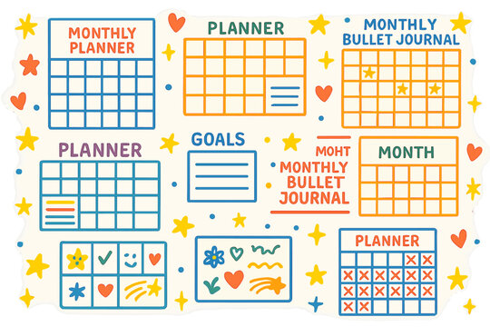 Planner and journal flat icon set. featuring monthly planner, bullet journal, goals, and month symbols