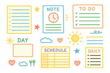 Productivity tools flat icon set. featuring schedule, to-do, daily plan, notes, and day planner symbols