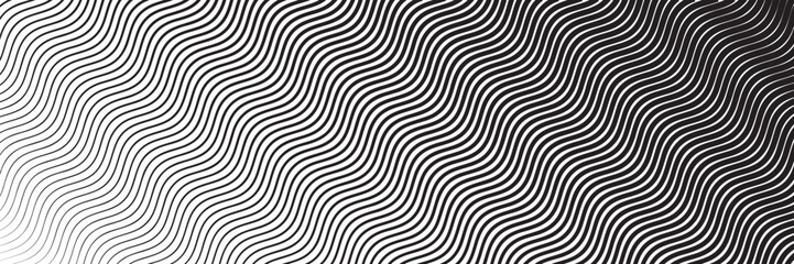 Dynamic monochrome wavy lines gradient background. Vector Op Art abstract pattern with density transition and flow motion effect, perfect for modern banner, liquid, or sound wave design.