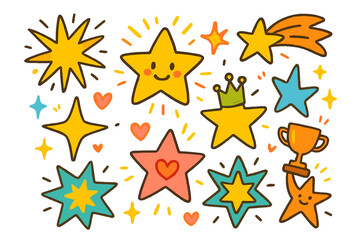 Stars and awards flat icon set. featuring stars, comet, crown, heart, and trophy symbols