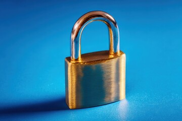 Fototapeta premium Golden padlock shining brightly against a vibrant blue background showcasing security and protection themes