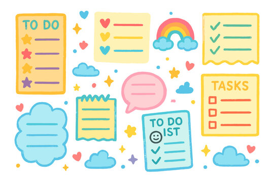 Productivity tools flat icons set. featuring to-do lists, notes, tasks, cloud, heart, chat, and checklist symbols